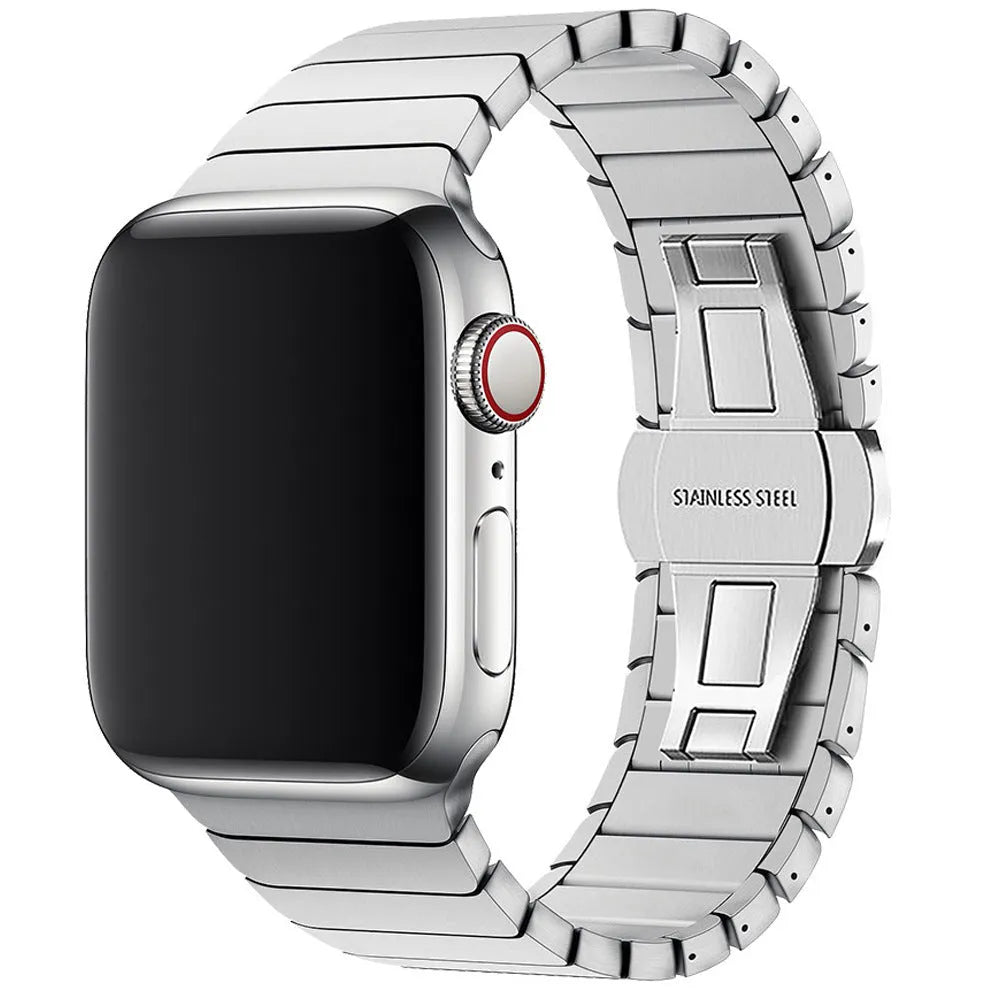 Stainless steel Apple Watch strap with bamboo joint and butterfly clasp in silver, shown in 38/40/41mm size