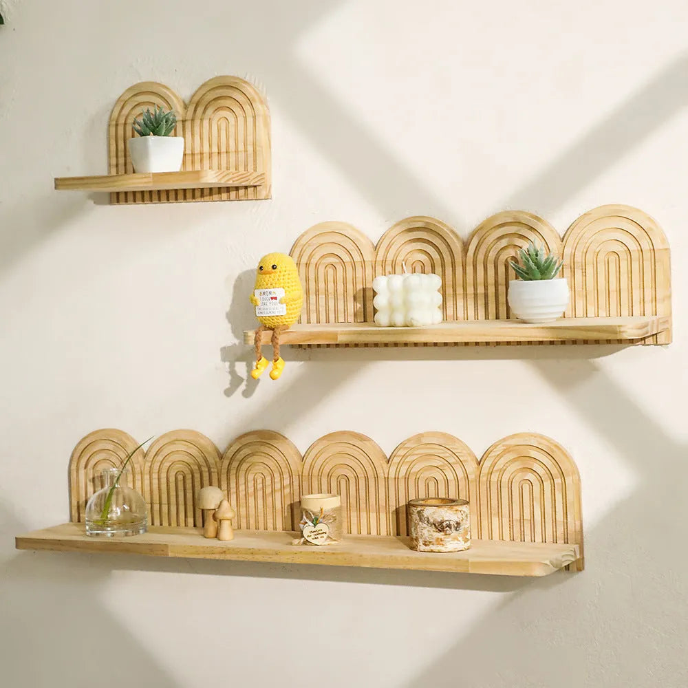 Solid wood multi-layer wall rack with flower pots displayed on staggered shelves