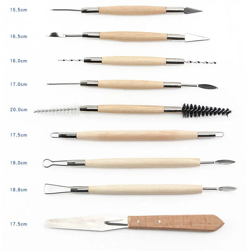 27-piece brown pottery clay tool set with rolling pin and stainless steel tools in an OPP bag.