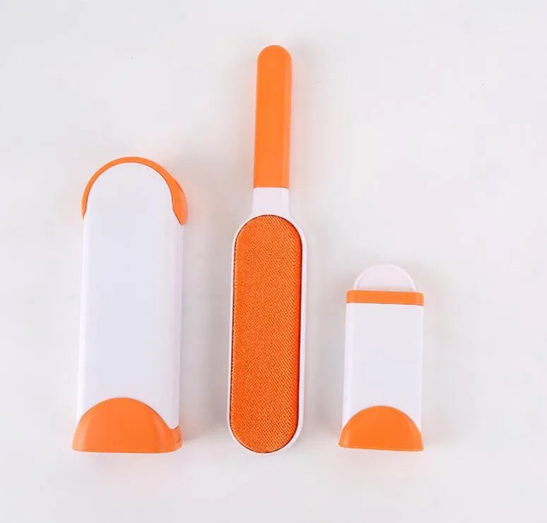 Reusable pet hair removal comb with a self-cleaning base, shown in blue, for cleaning cat and dog fur from sofas.