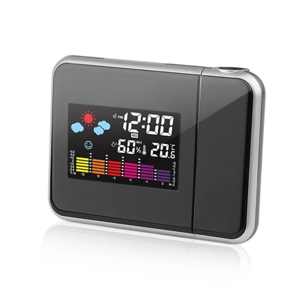 Black digital projection alarm clock with multicolour LED display showing time, temperature and humidity