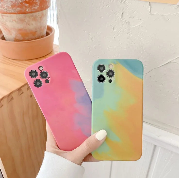 Soft silicone phone case with oil painting gradient geometry abstract pattern in blue green pink purple for iPhone
