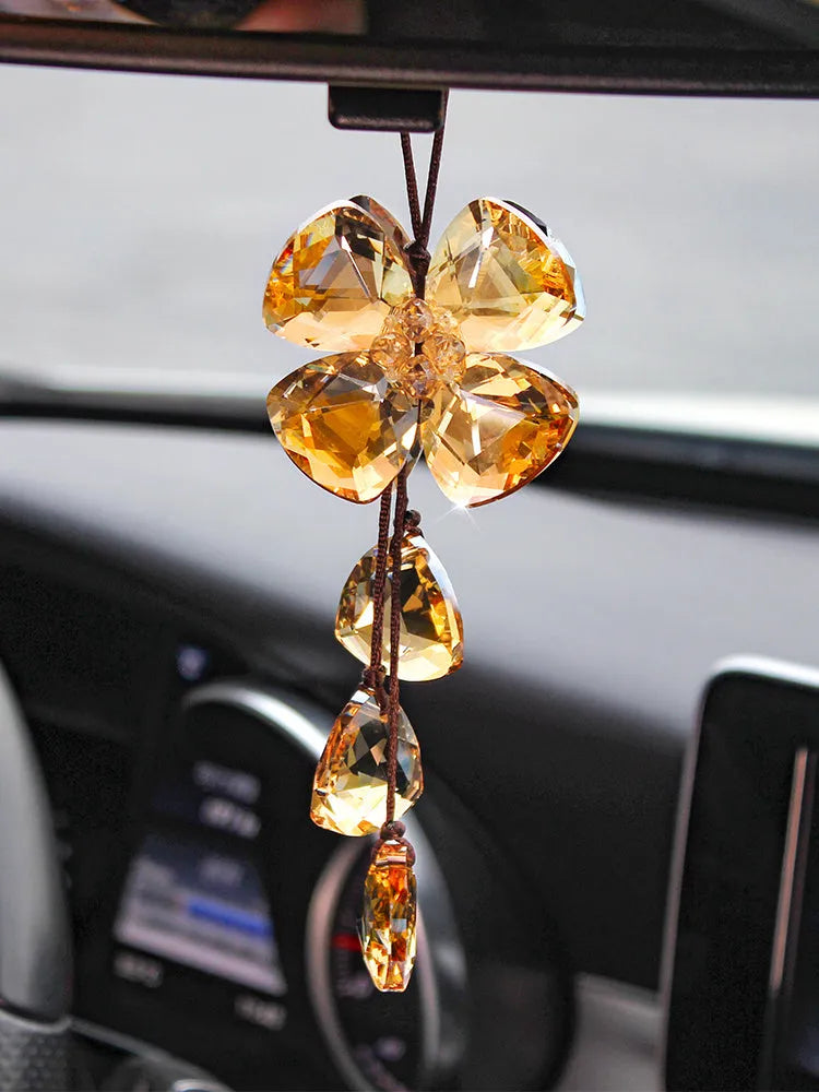 Crystal four leaf grass car pendant in four colour options for dashboard decoration