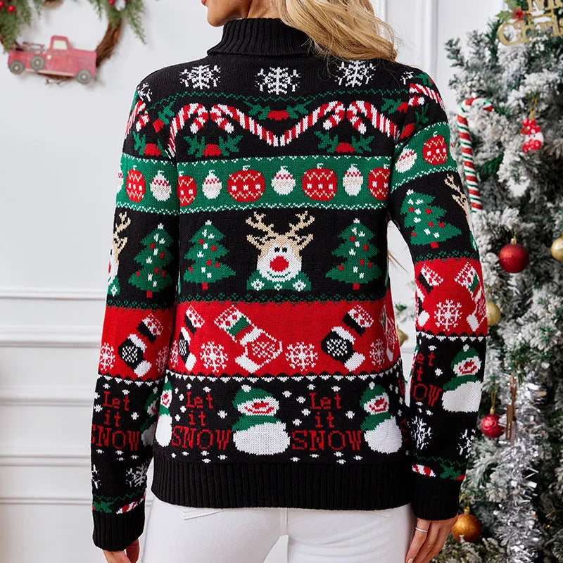 Women's black Christmas sweater with contrast animal pattern, slim-fit turtleneck pullover in acrylic fabric