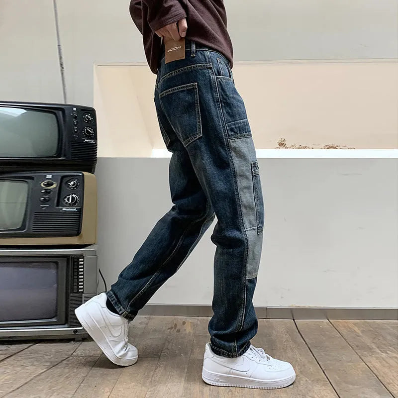 Blue loose dad jeans with multi-pockets, non-stretch cotton denim, mid-rise waist, zipper fly, long length