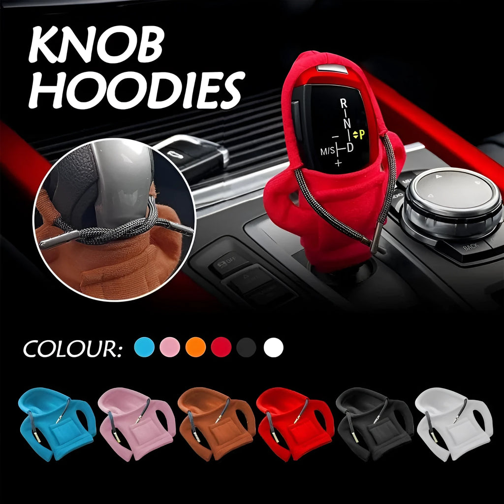 Universal cotton gear knob cover hoodie in blue with adjustable drawstring on a car shift knob