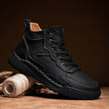 Winter plush insulated high top leather shoes for men in black with rubber sole