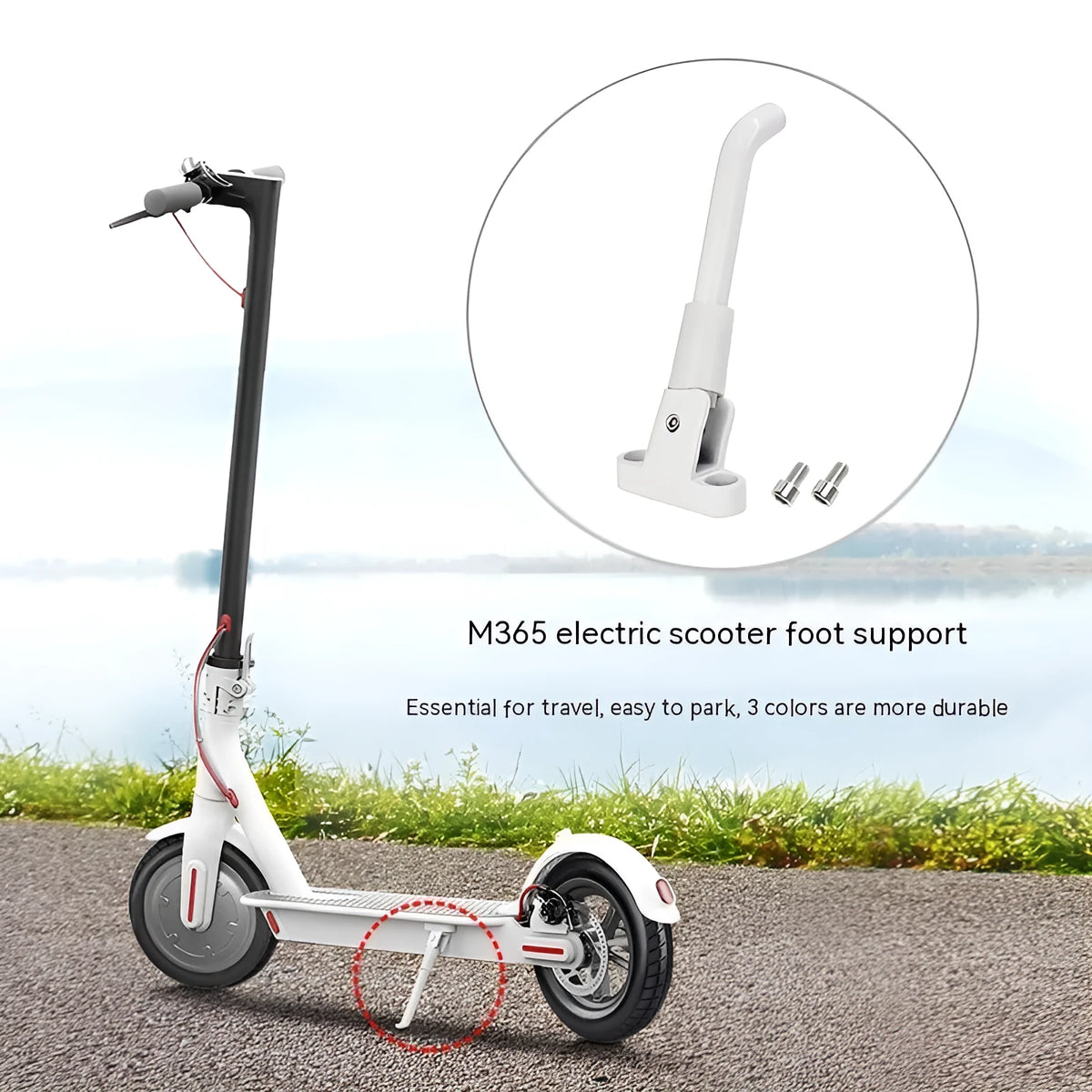 Aluminium electric scooter foot brace in black, white and grey colours with installation screws