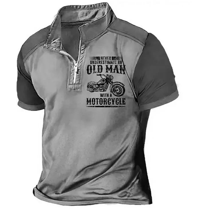 Men's short-sleeve polo shirt with lapel collar, digital letter pattern, and zipper decoration details.