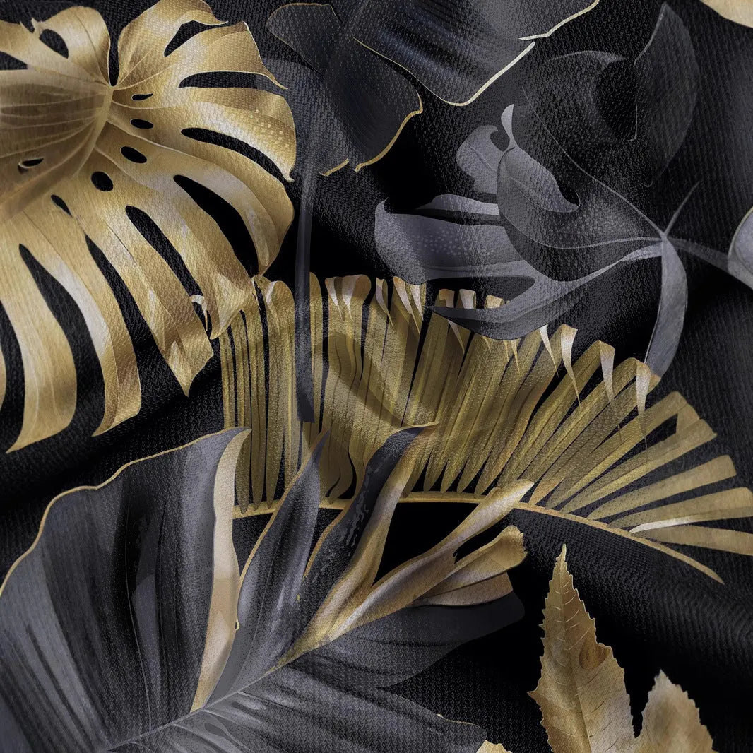 Men's gold colour shirt with tropical plant pattern print and short sleeves