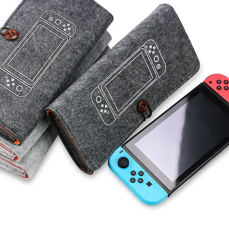 Black felt pouch case for Nintendo Switch showing game card slots and double-layer storage design