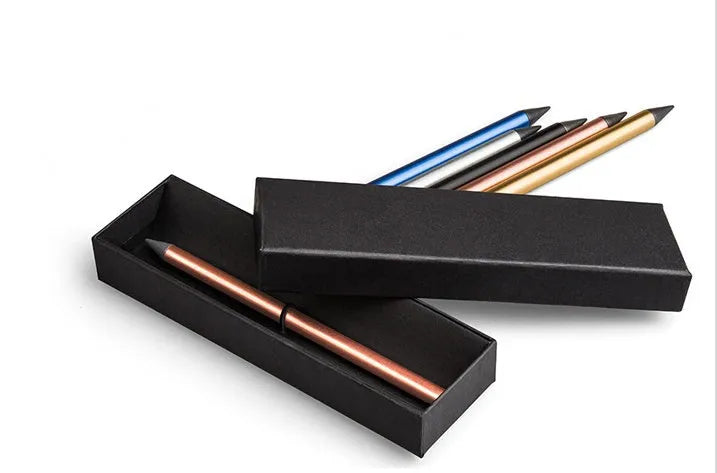 Inkless metal pen with alloy steel nib in presentation box with spare nib and carry bag