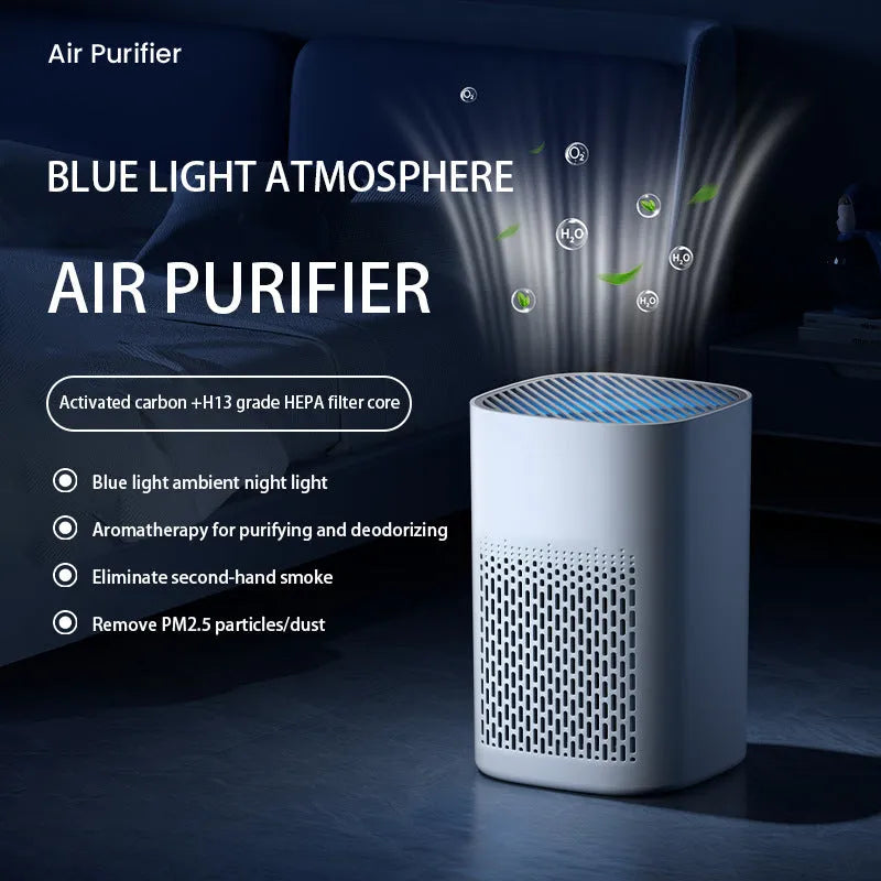Simple style desktop air purifier with USB power port on a wooden desk.