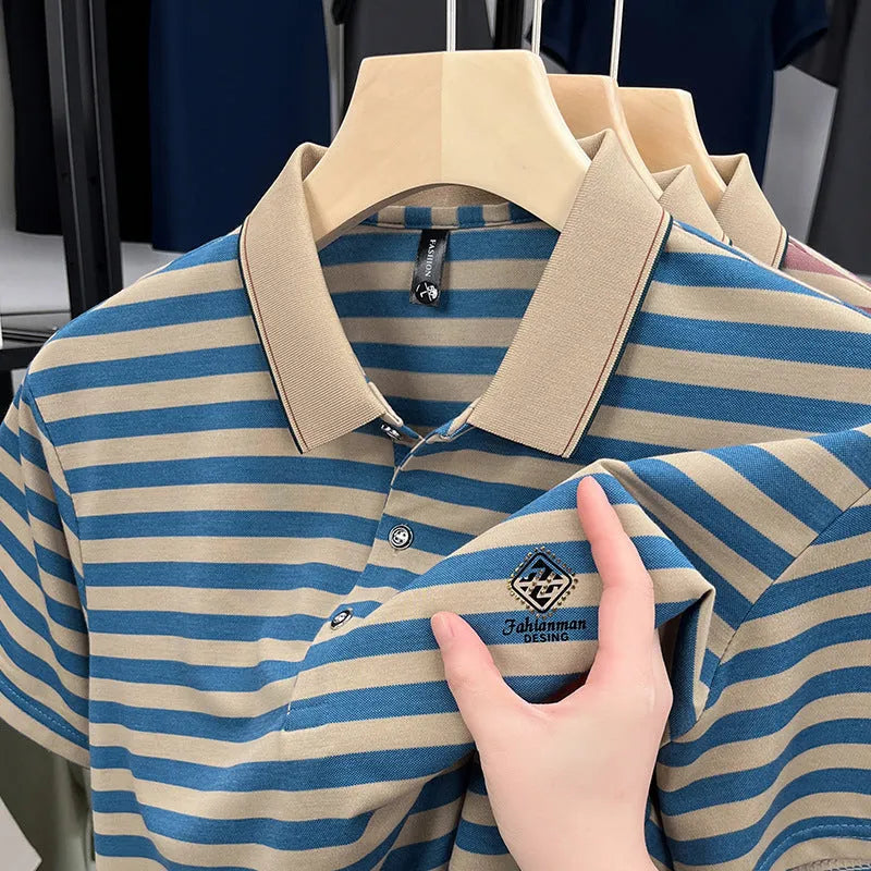 Men's red striped casual short sleeve shirt with a mosaic pattern on a mannequin.