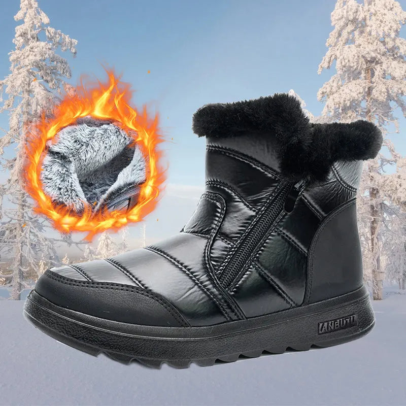 Winter thick plush snow boots with side zipper for women, high top platform, fur upper, round toe, black