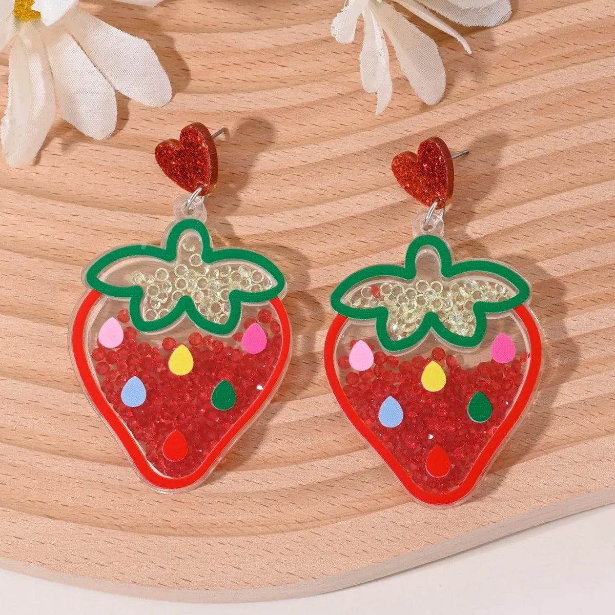 Colourful acrylic fruit earrings with cherry strawberry watermelon pineapple coconut cake ice cream designs