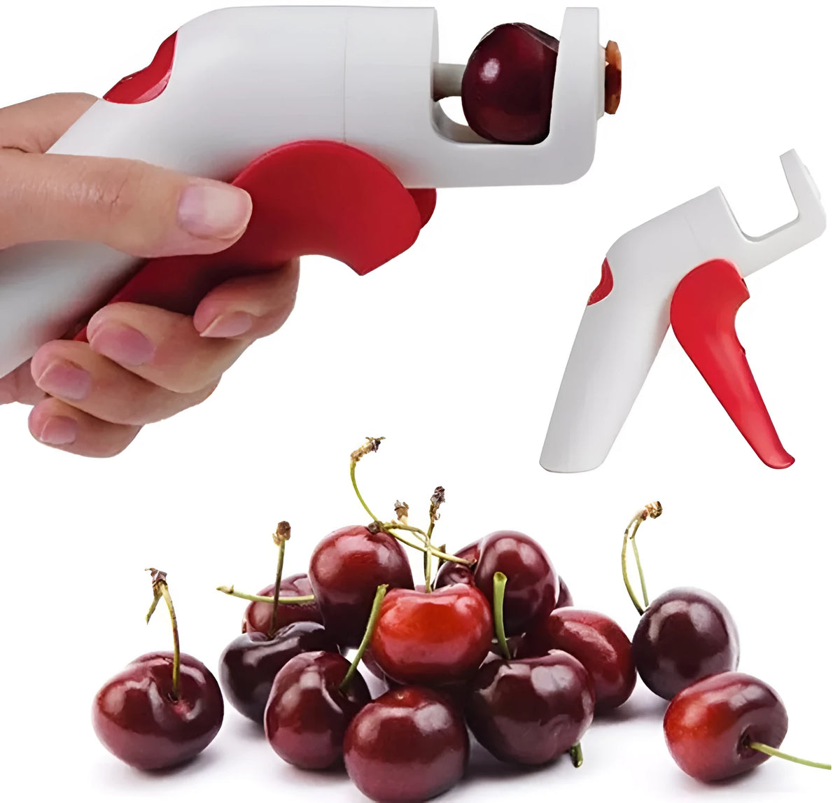 Red and black manual cherry pitter tool with detachable stone catcher on a kitchen worktop.
