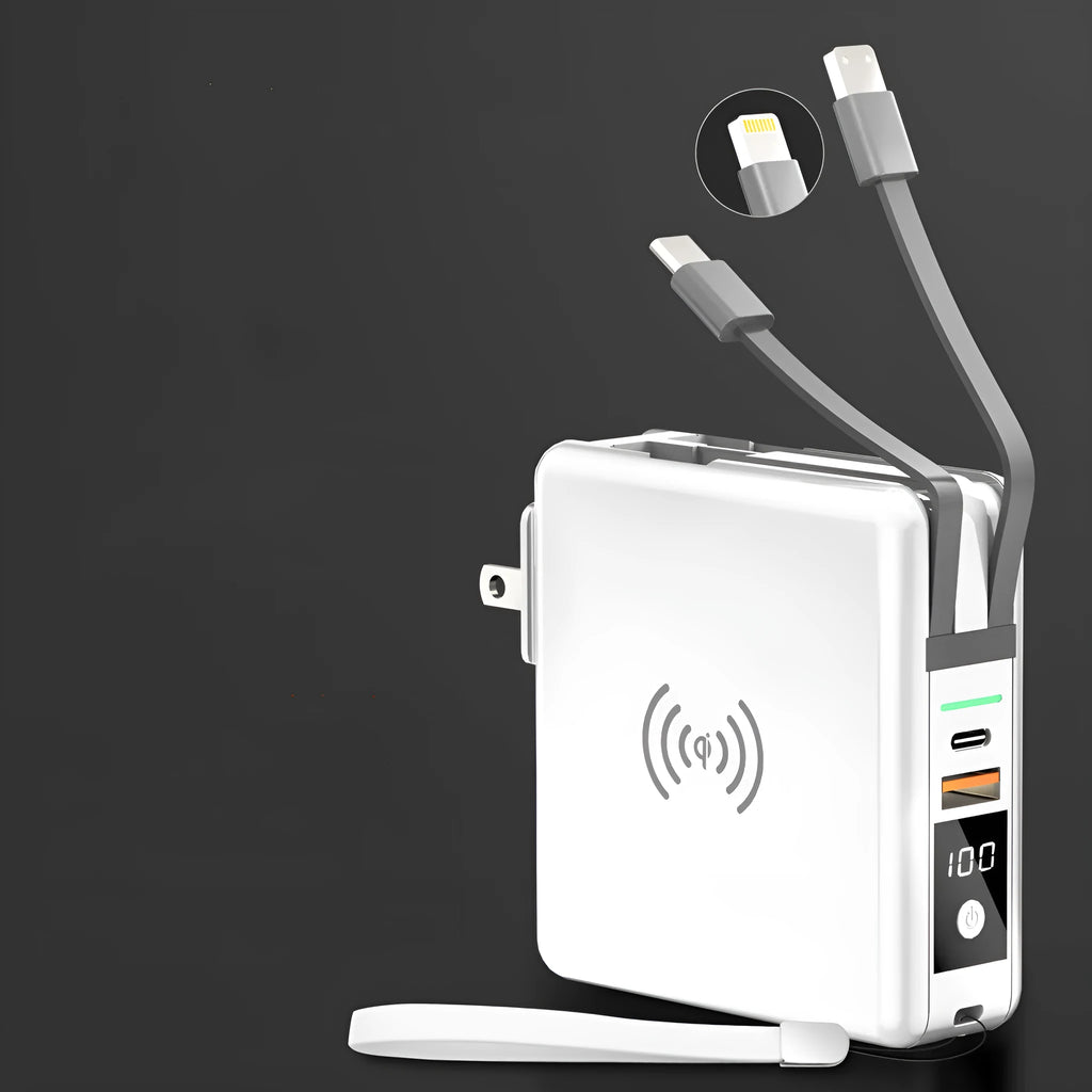 Super QI wireless charging power bank with wall plug in black or white cylindrical design