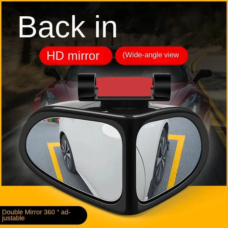 Small round wide-angle car reversing mirror with adjustable joint and adhesive backing.