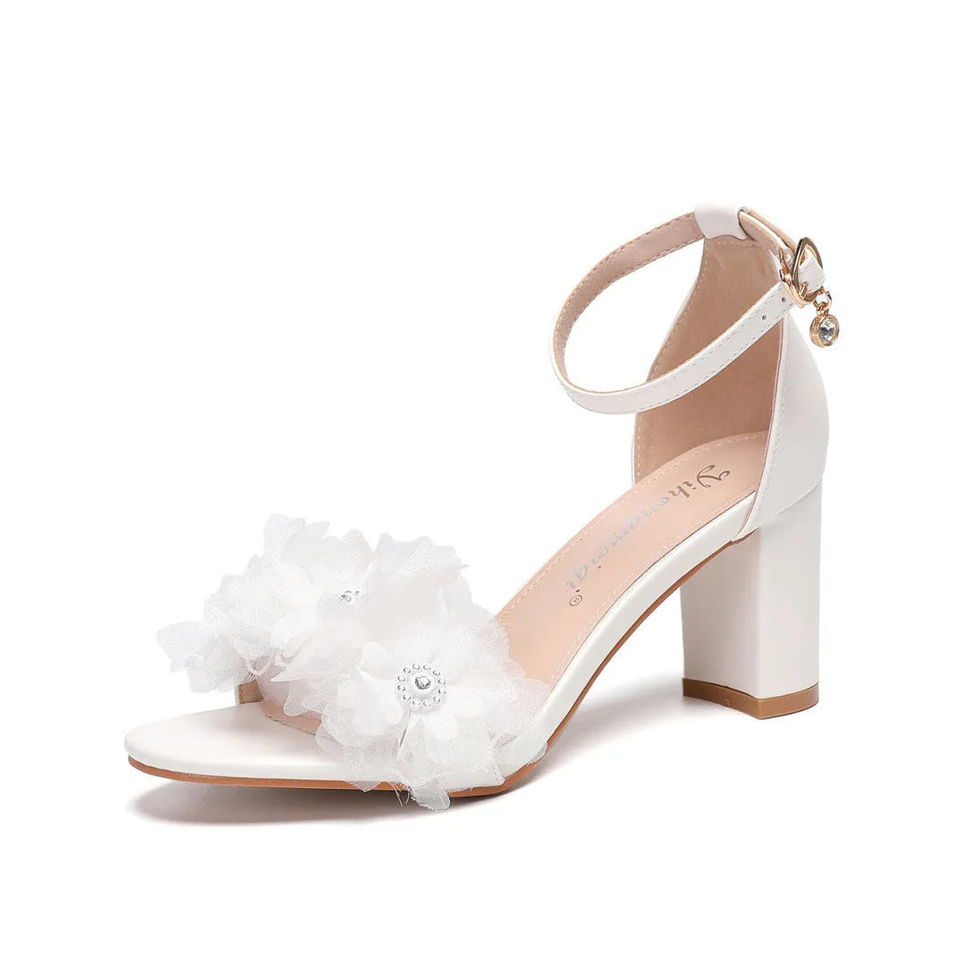 Peep toe chunky high heels with one strap and rhinestone detail, white or pink, 6-8cm heel