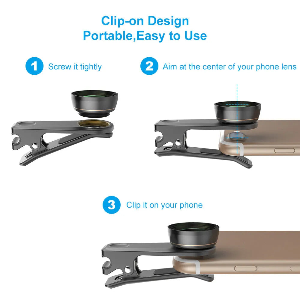 6 in 1 smartphone camera lens kit with fisheye, wide angle, macro and telephoto lenses in black aluminium housings