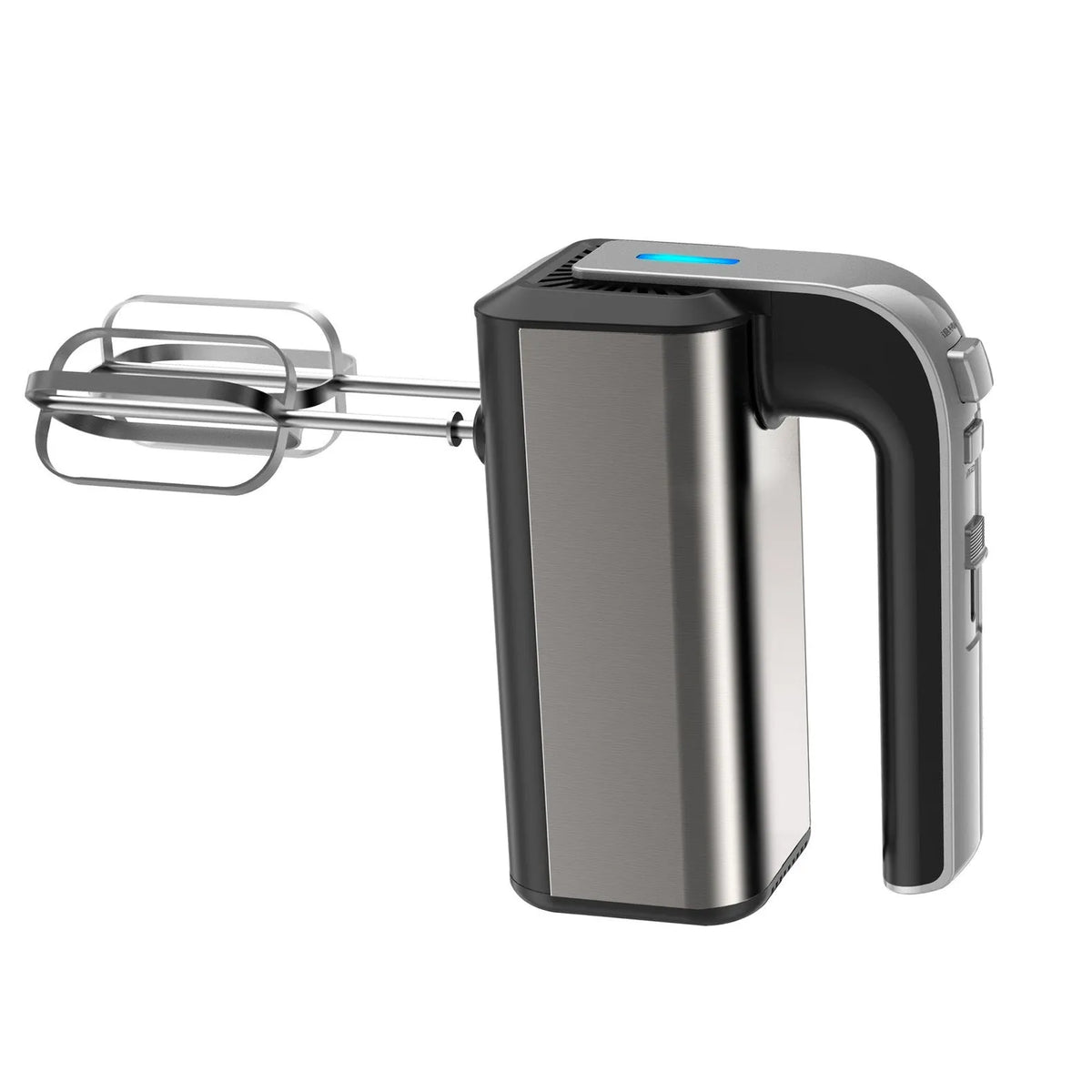 Silver handheld electric kitchen whisk with beaters on a countertop