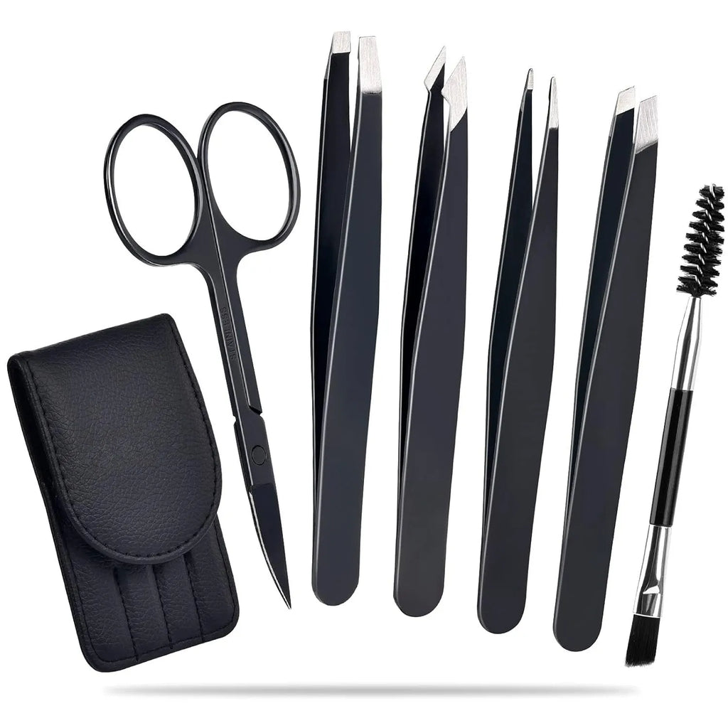 Professional stainless steel eyebrow tweezers, curved scissor, brush, and leather case in a 6-piece grooming set.