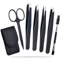 Professional stainless steel eyebrow tweezers, curved scissor, brush, and leather case in a 6-piece grooming set.