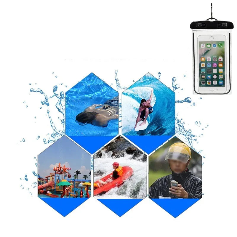 Transparent waterproof phone case in various colours showing phone screen visibility and touch functionality