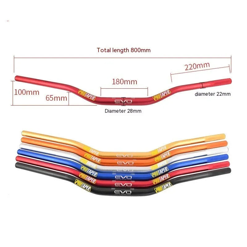 Orange aluminium motorcycle handlebar showing 28mm diameter and 80cm width.