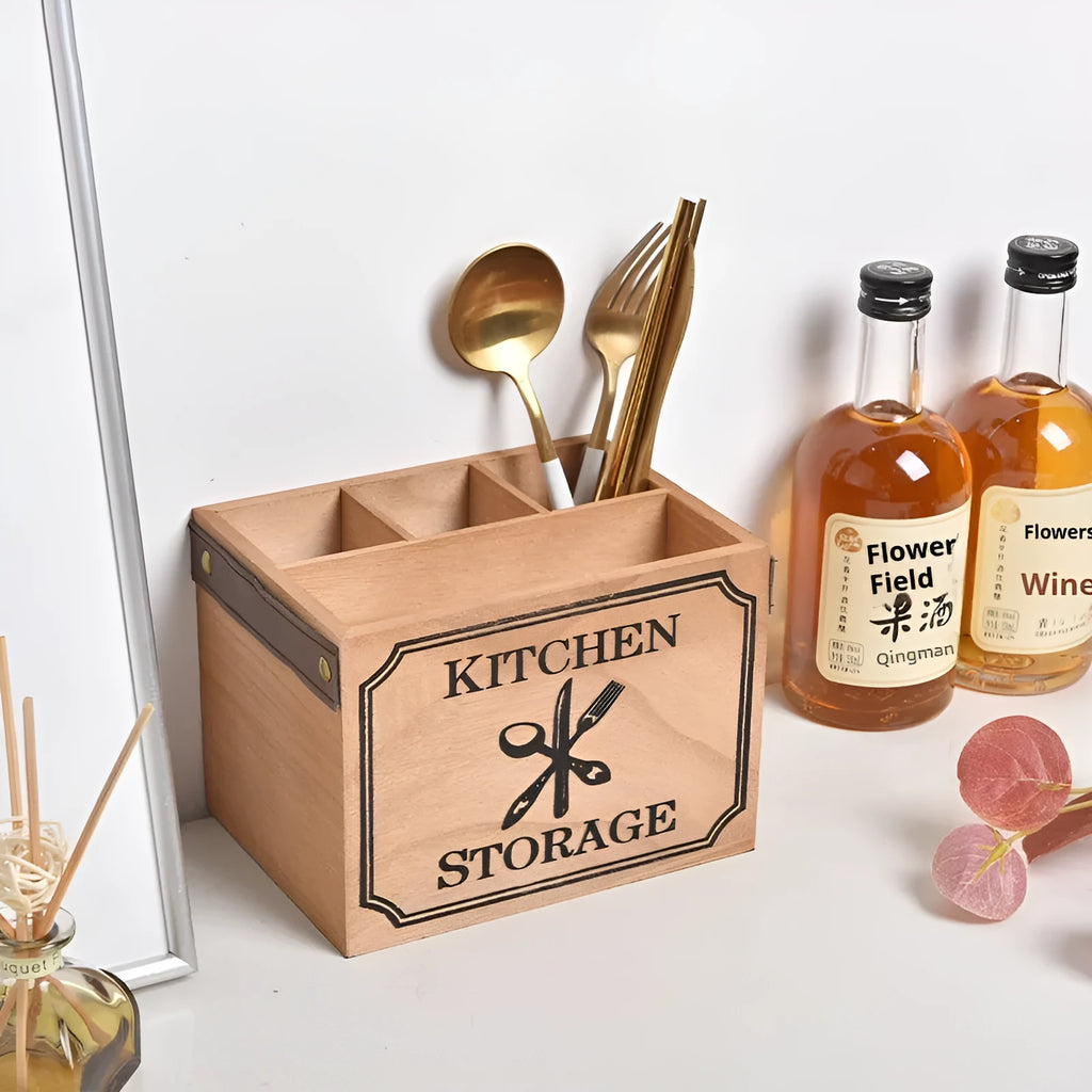 Wooden kitchen storage box with internal divider grids for knives, forks and chopsticks