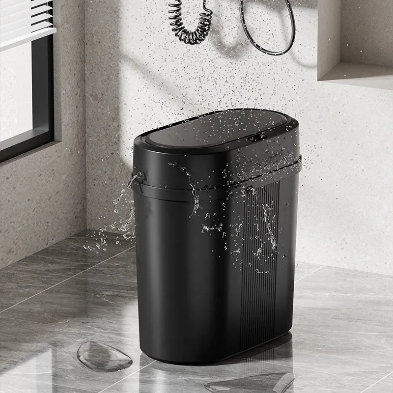 Square smart trash can with lid, waterproof moisture-proof PP bin in black or white battery type