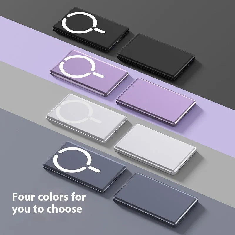 Ultra-thin magnetic power bank with alloy casing in black colour showing 9mm thickness