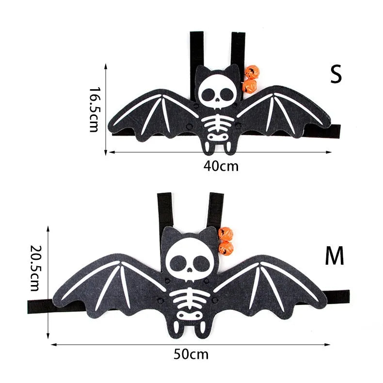 Halloween costume for cats featuring bat wings, made from felt, shown in various colours.