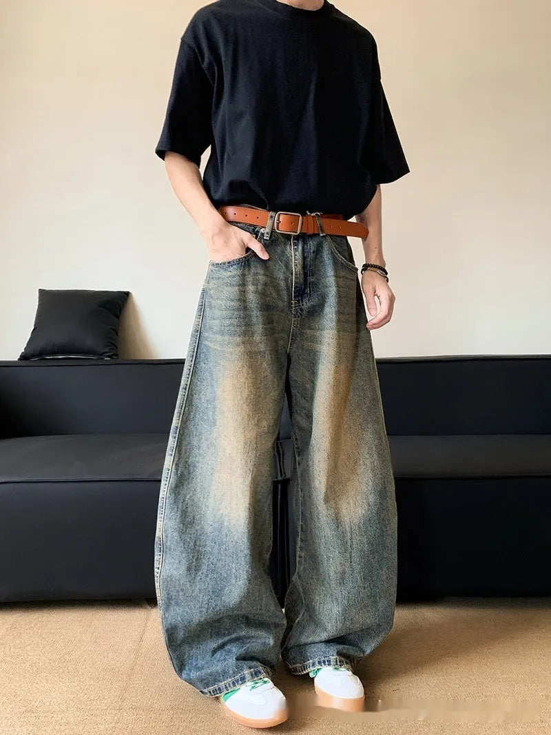 Men's retro blue distressed denim wide-leg pants with micro-elastic fabric