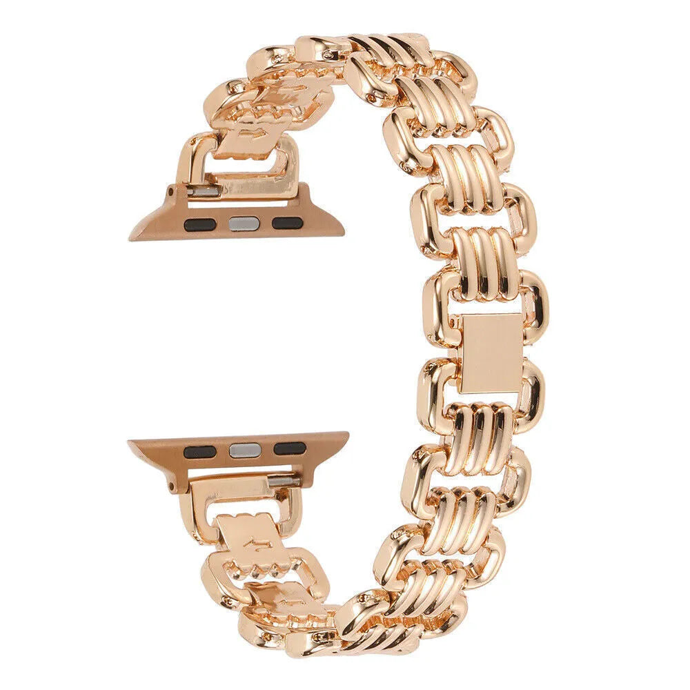 Alloy metal Apple Watch replacement bracelet in silver, black, gold, rose gold, and starlight colours with adjustable clasp.