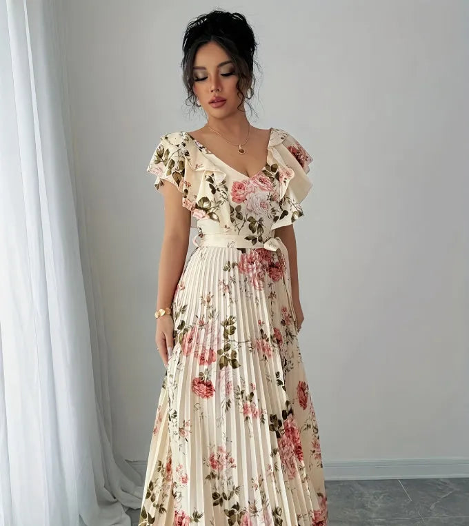 Apricot floral print dress with V-neck, ruffled short sleeves, and a high-waisted long swing skirt