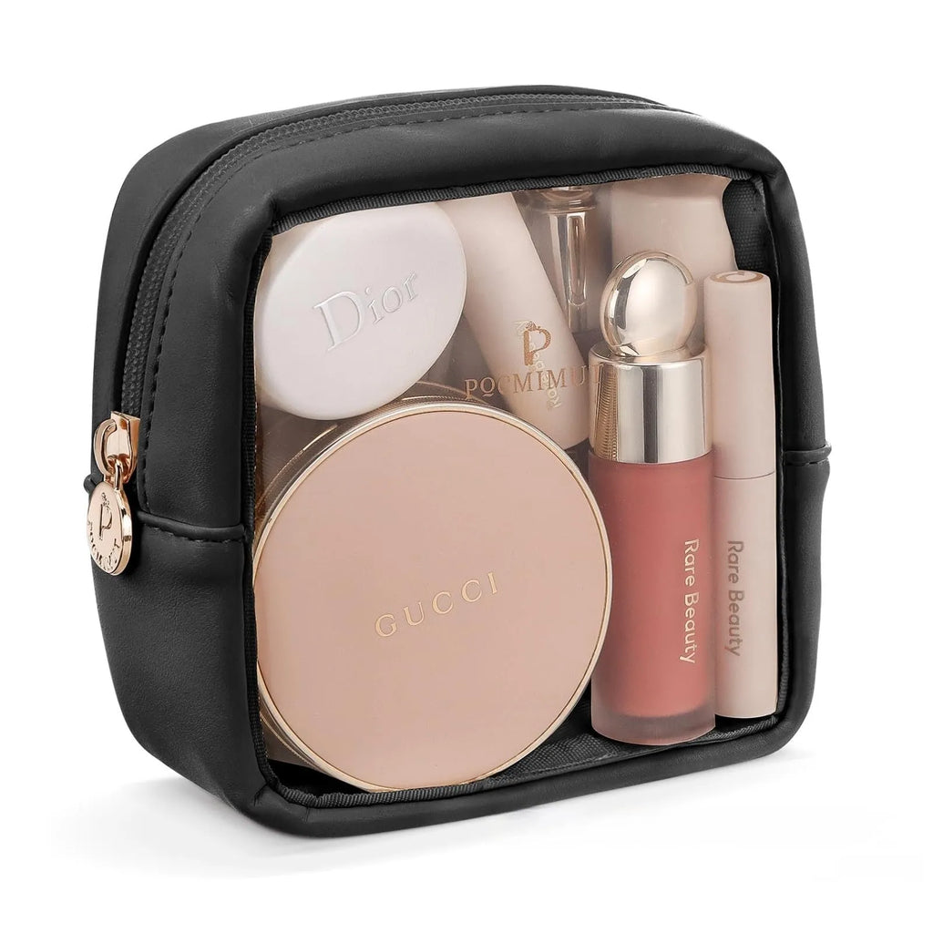 PVC transparent cosmetic bag showing interior with waterproof lining and dry-wet separation compartments