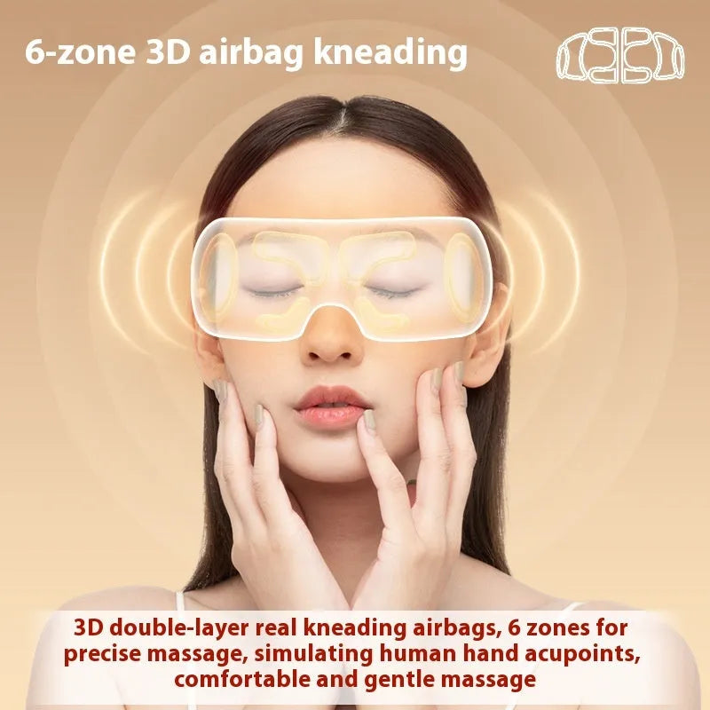 White rechargeable eye massager with airbag pressure and hot compress functions for eye fatigue relief