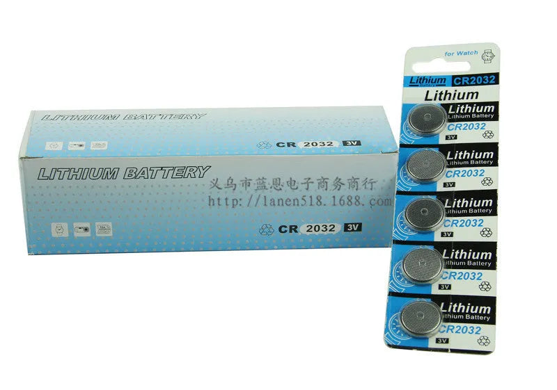 Pack of five CR2032 3V lithium button batteries on a blister card