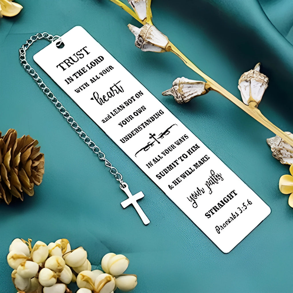 Steel bookmark with an engraved family bible verse design in a metallic finish.