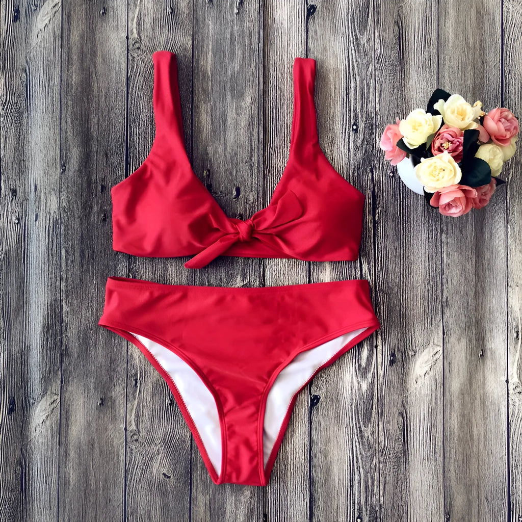 Solid colour bikini set on hanger, showing bra top and briefs in black, pink, red, white, or wine red.