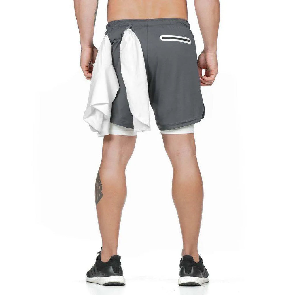 Men's 2-in-1 running shorts with quick-dry fabric, double-deck design, and multiple pockets in black