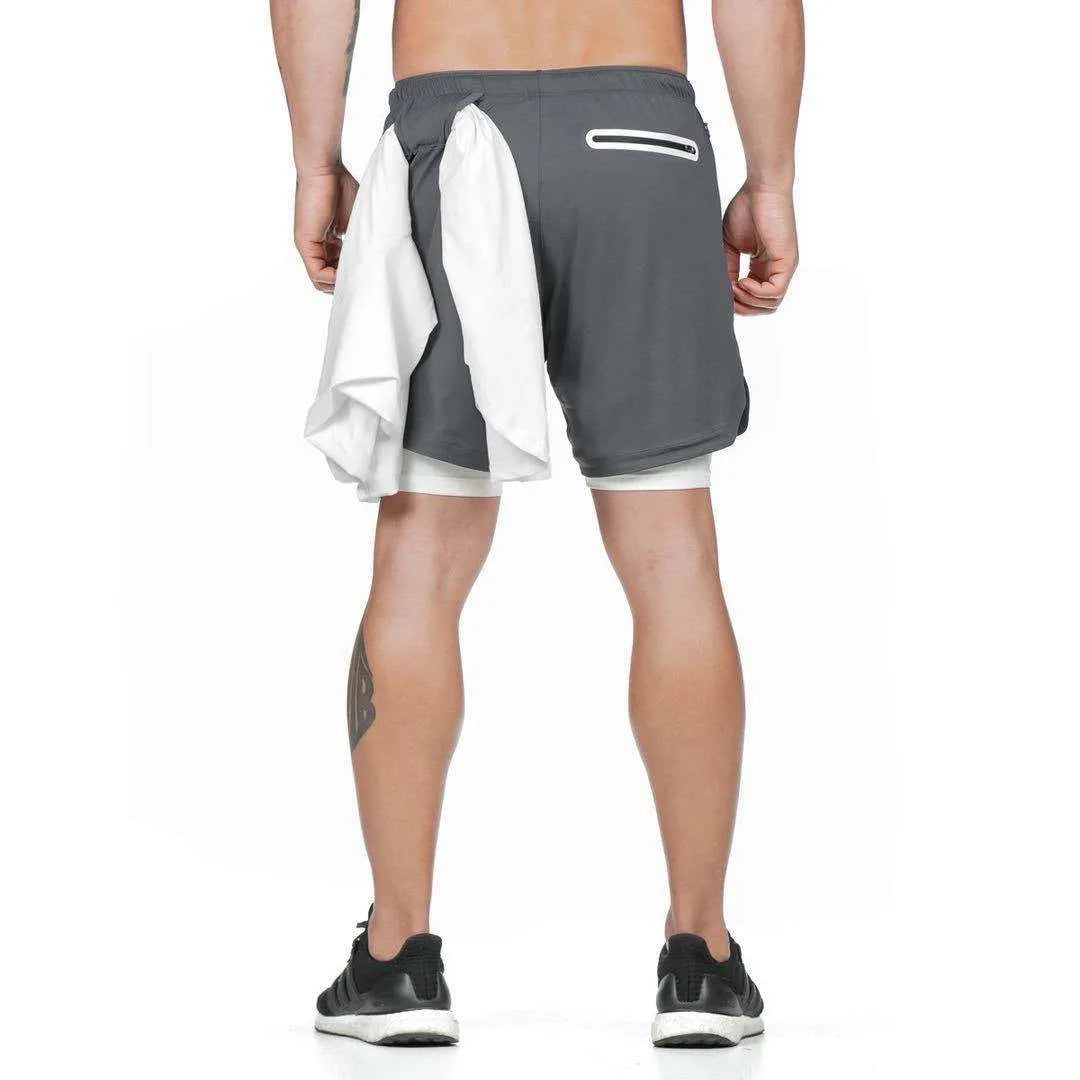 Men's 2-in-1 running shorts with quick-dry fabric, double-deck design, and multiple pockets in black