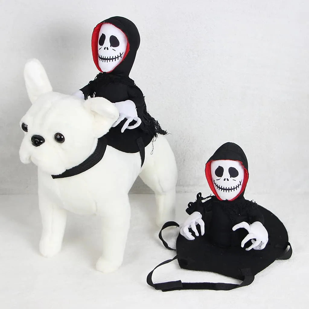 Goblin riding pet Halloween costume made from felt cloth with velcro straps in green colour on a cat or small dog.