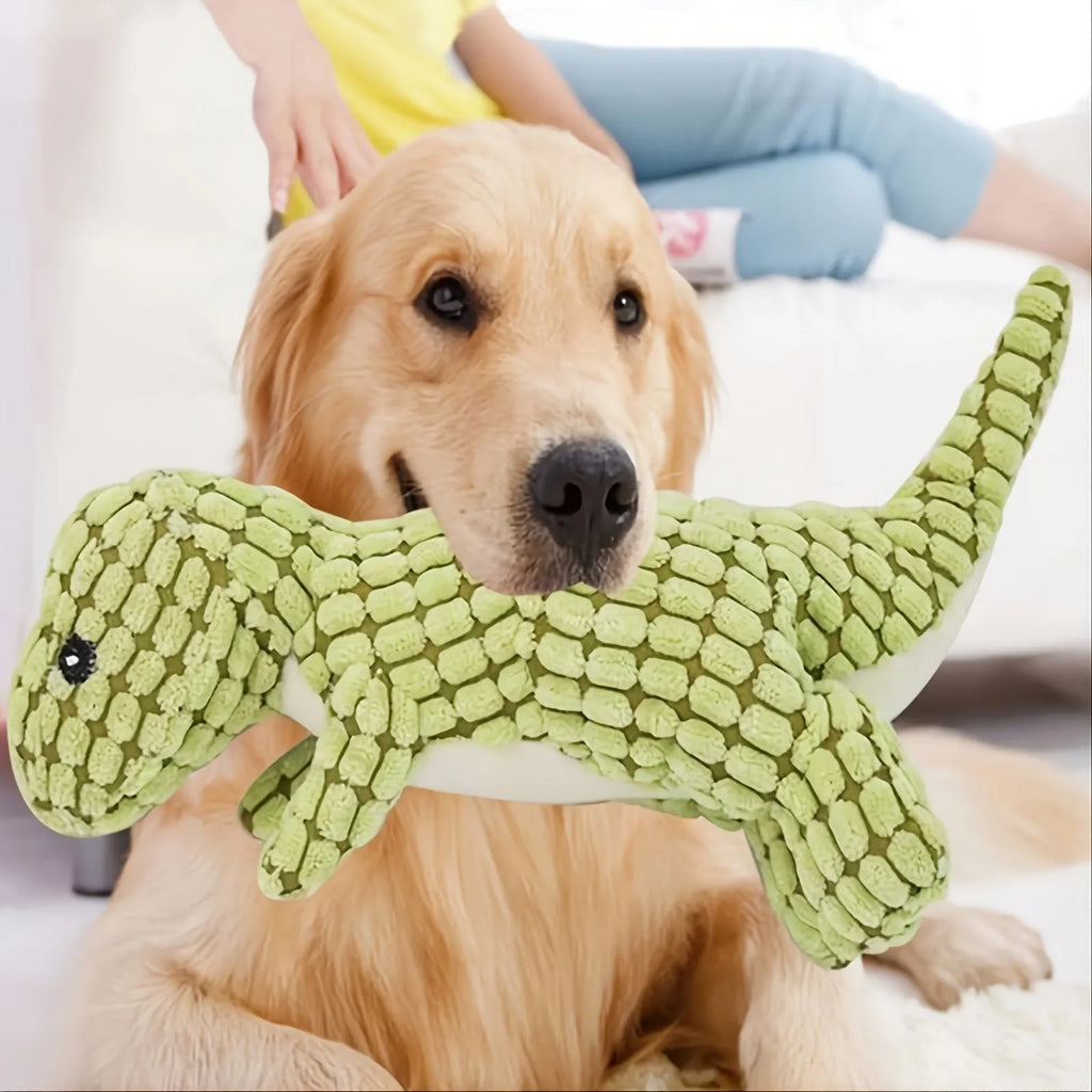 Four grey, green, and orange bite-resistant dog toys with sound features on a white background.