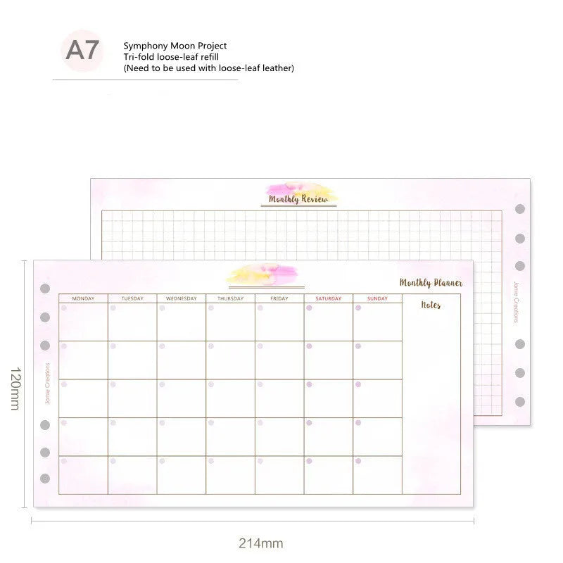 Handbook loose-leaf refill showing A7, A6 and A5 sizes in Symphony tri-fold and Floral Monthly Plan designs