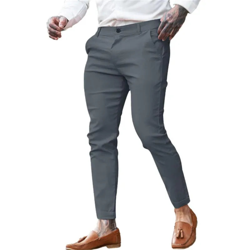Men's slim fit cotton stretch pencil pants in multiple colours with mid waist and zip fly closure