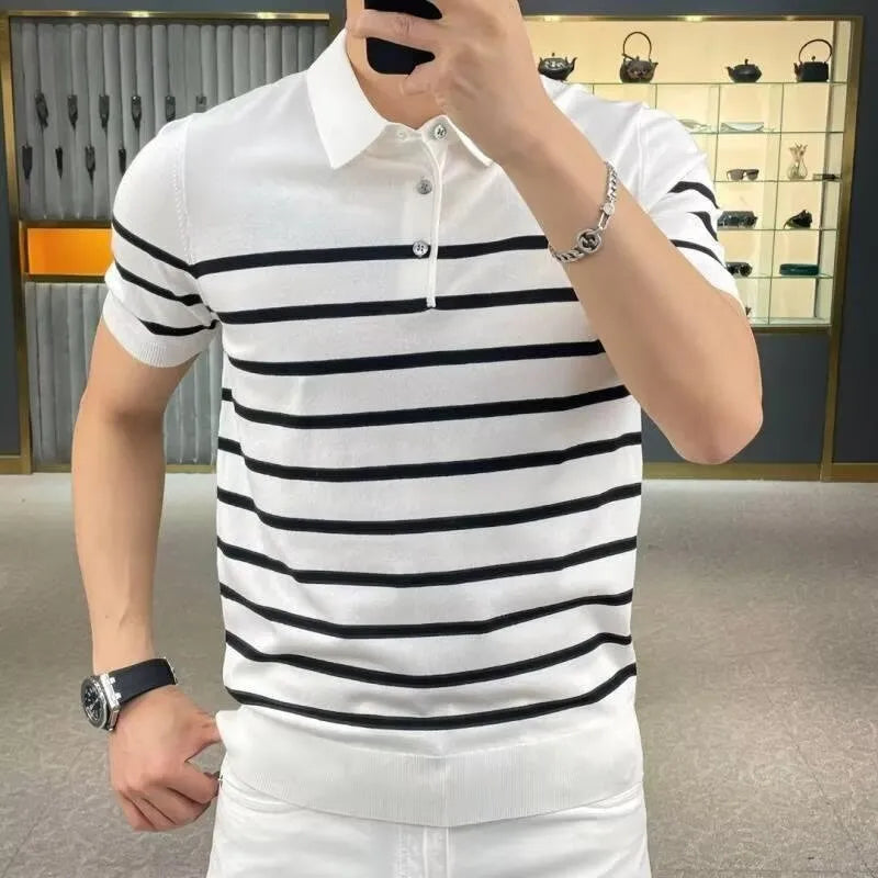 Black and white striped knitted pullover T-shirt with a lapel collar.