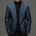 Men's black lapel down jacket with side pockets showing thickened winter construction
